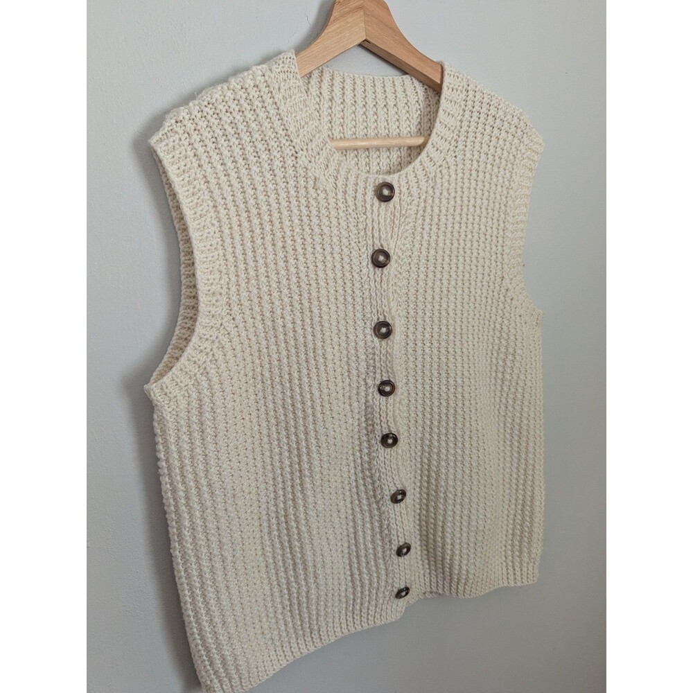 Handmade Crochet Knit Sweater Vest Ivory Cream Boho Button Front Cozy Womens L - Picture 6 of 7